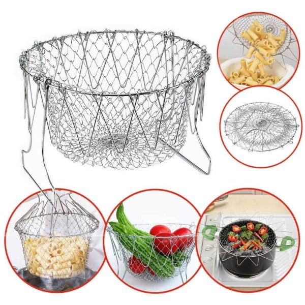 Stainless Steel Multi-functional Foldable Cooking Chef Basket Deluxe Kitchen Colander,Steam Rinse Strain Fry Basket